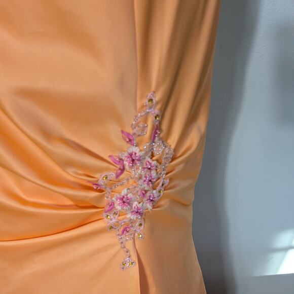 Y2K Prom Dress Maxi Gown 10 Orange Corset Vintage Glam Floral Mermaid Strapless - Picture 7 of 11